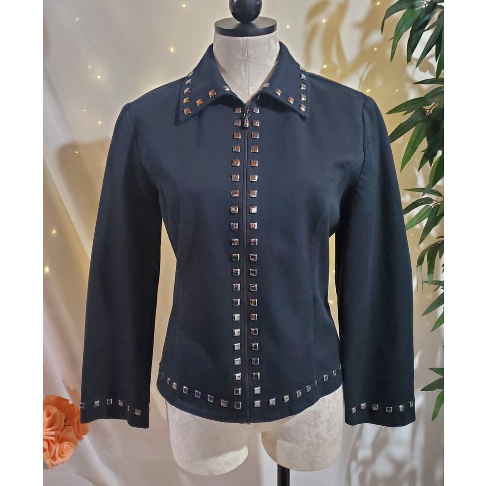 Vtg St John Sport Marie Gray Studded Zip Jacket Size P Black Stretch Pockets